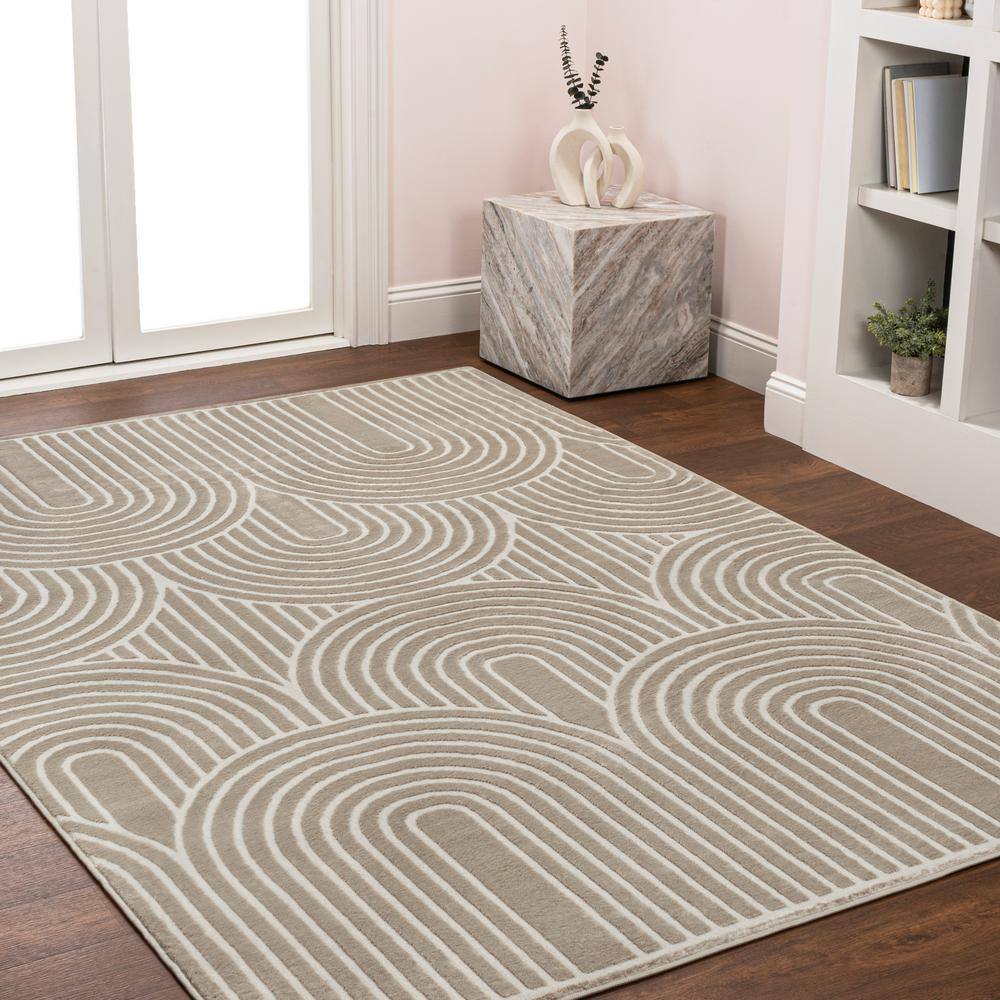 Beige and Cream Striped Arches Polyester 3x5 Area Rug