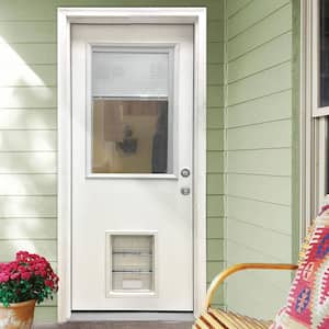 31-3/4 in. x 79 in. Reliant Clear Half Lite Mini-Blind White Primed Fiberglass Front Door Slab with Extra Large Pet Door