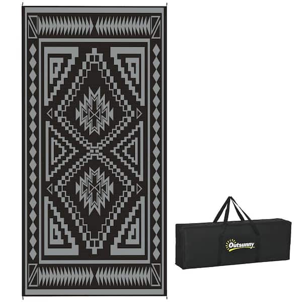 Outsunny Black and Gray Square Patchwork 9 ft. x 18 ft. Waterproof Plastic Straw Floor Mat Large Reversible Outdoor Rug Area Rug