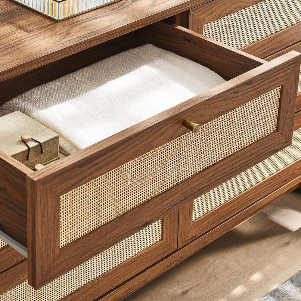 Walnut Double 6-Drawer Dresser with Rattan Weave