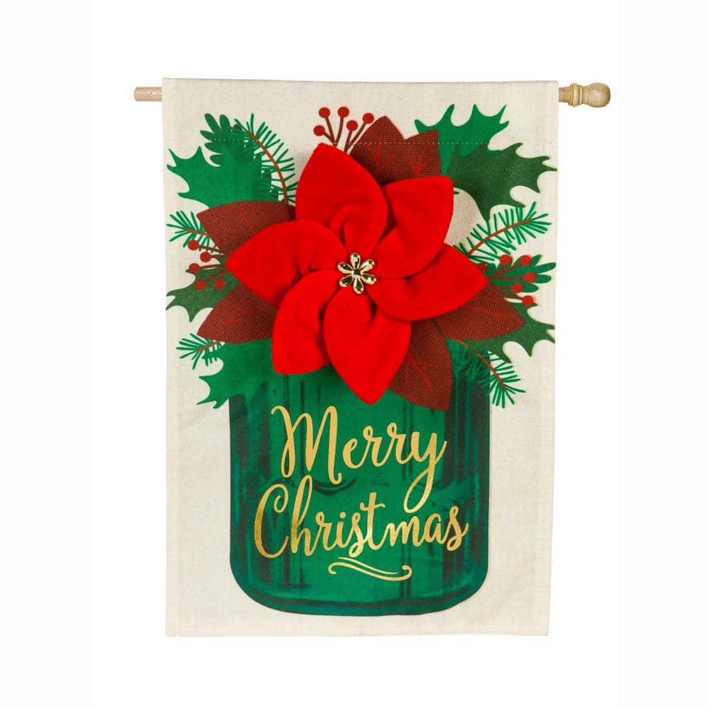 Evergreen 28 in. x 44 in. Poinsettia Mason Jar House Linen Flag ...