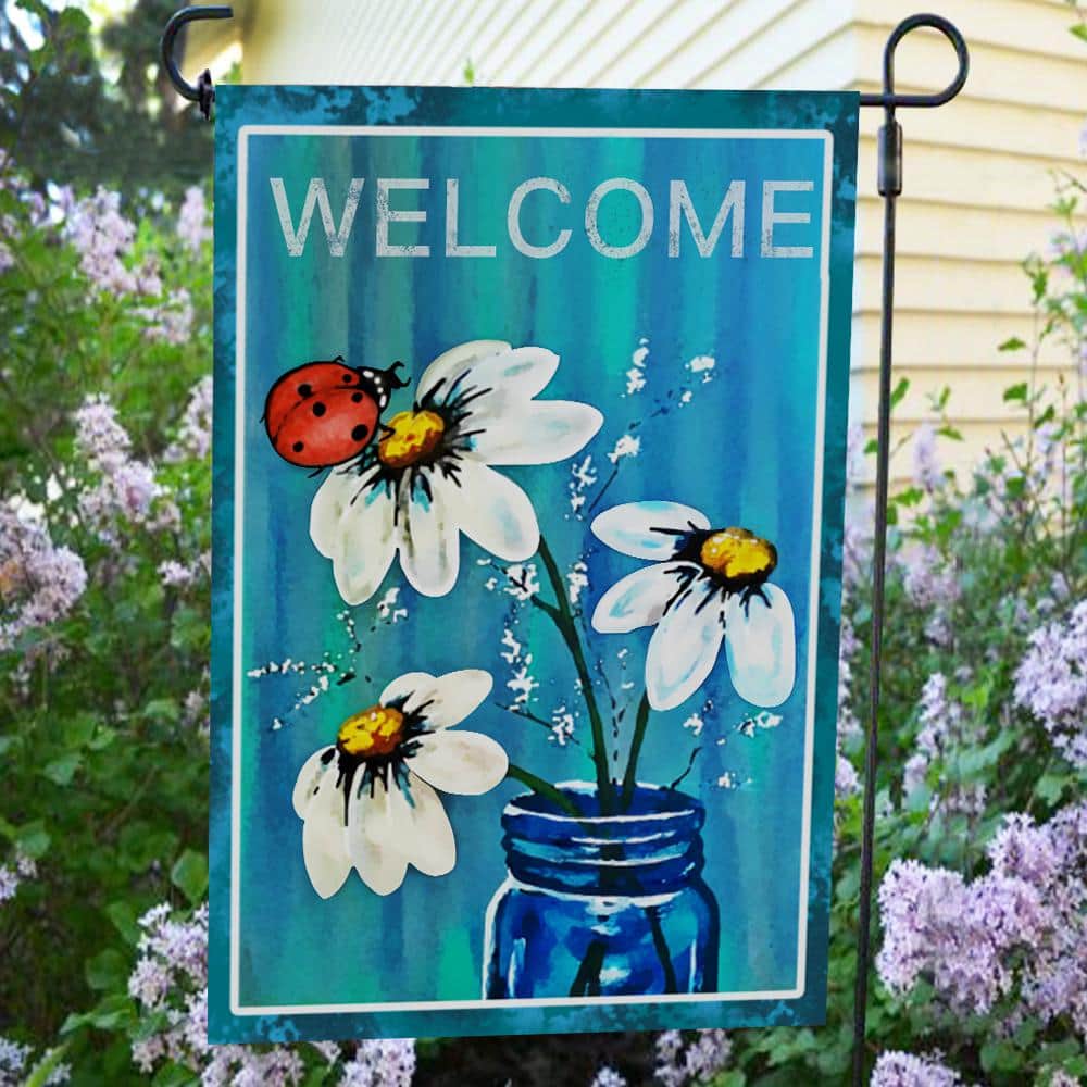 Spring Summer Daisy Jar and Ladybug Welcome Garden Flag