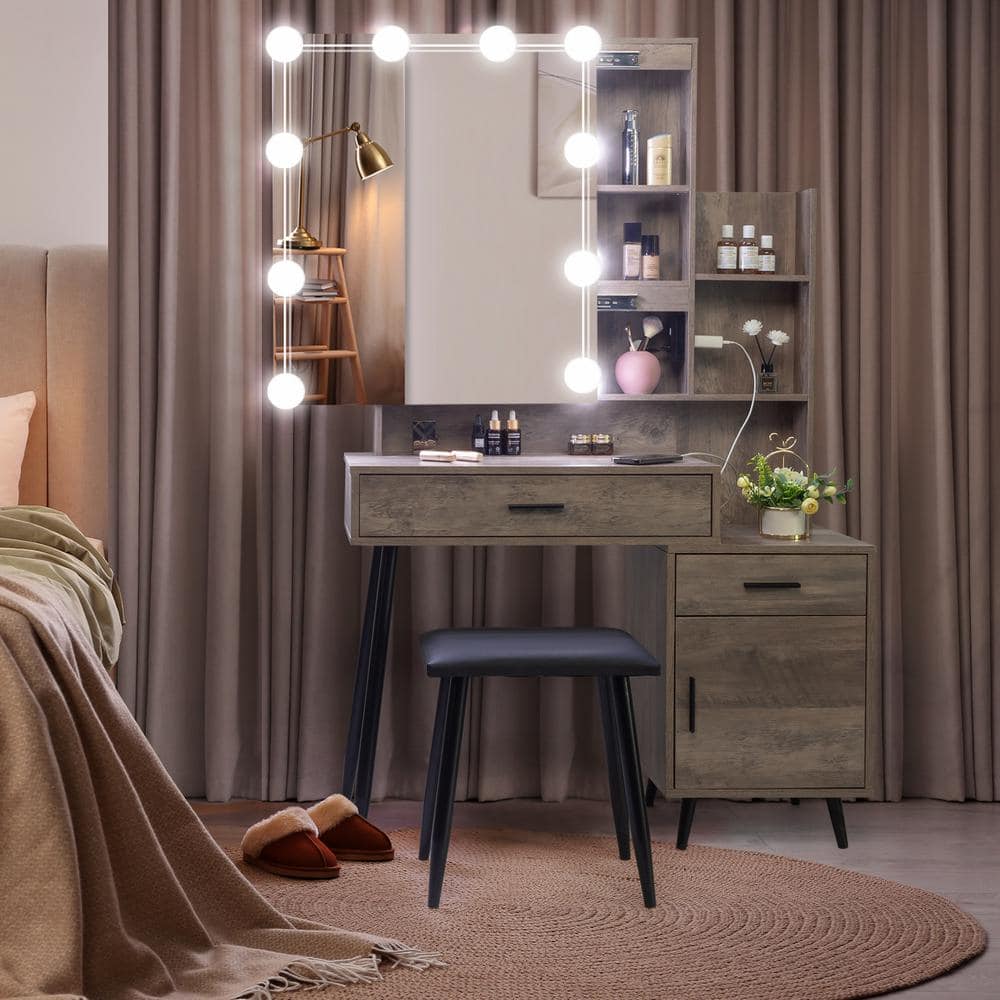 Karl home Gray Makeup Vanity Set with Mirror Cabinet 653552095415 - The ...