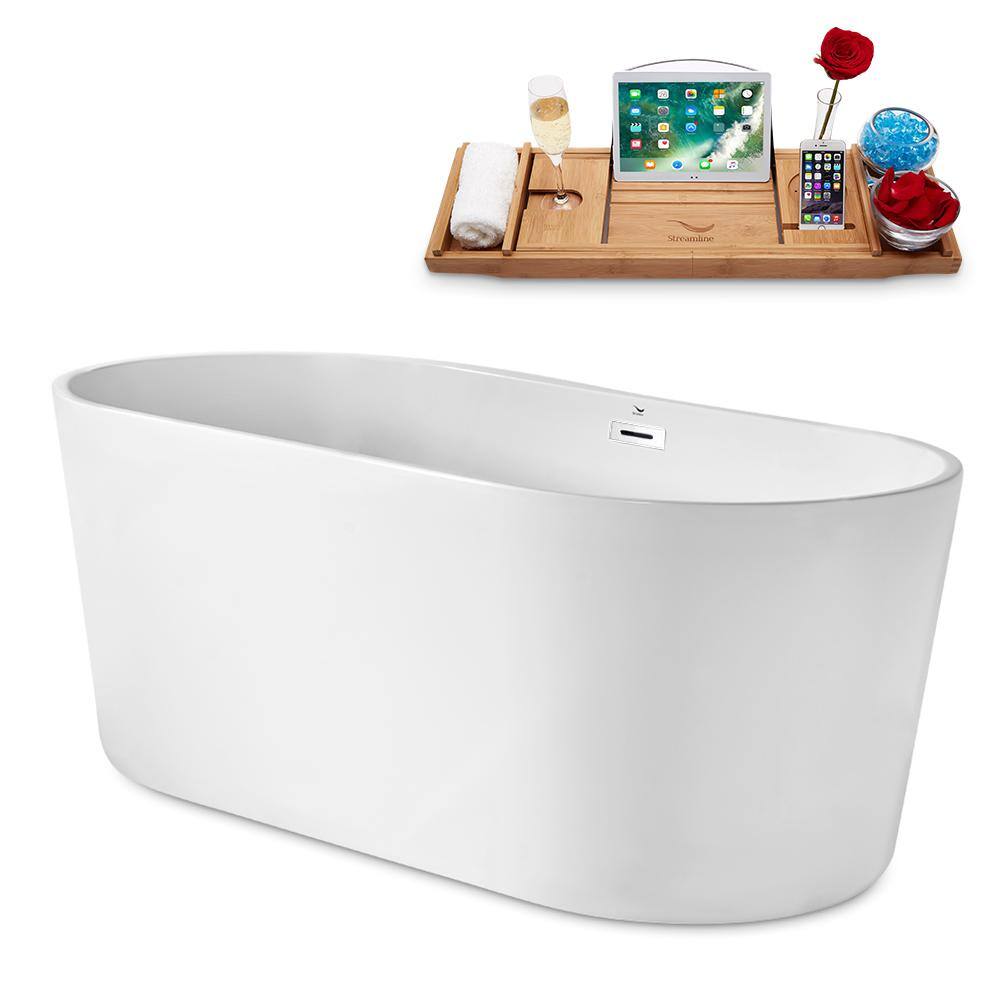 Glossy White Freestanding Acrylic Bathtub with Bamboo Tray