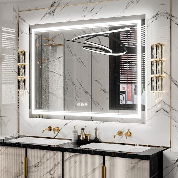 KeonJinn 48 in. W x 36 in. H Rectangular Frameless LED Light Anti-Fog Wall Bathroom Vanity Mirror with Frontlit and Backlit