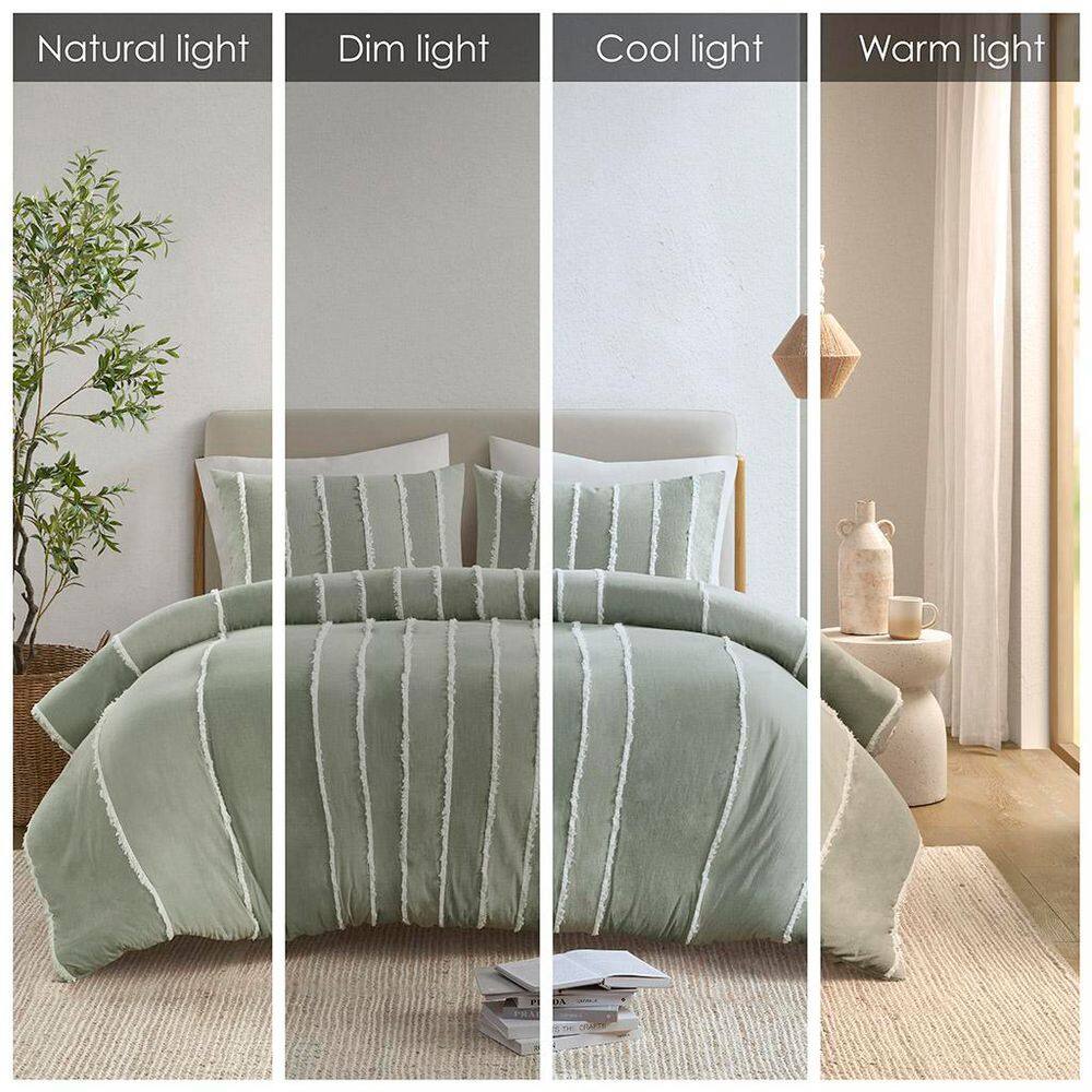 Sage Green Cotton Striped Queen Duvet Cover Set