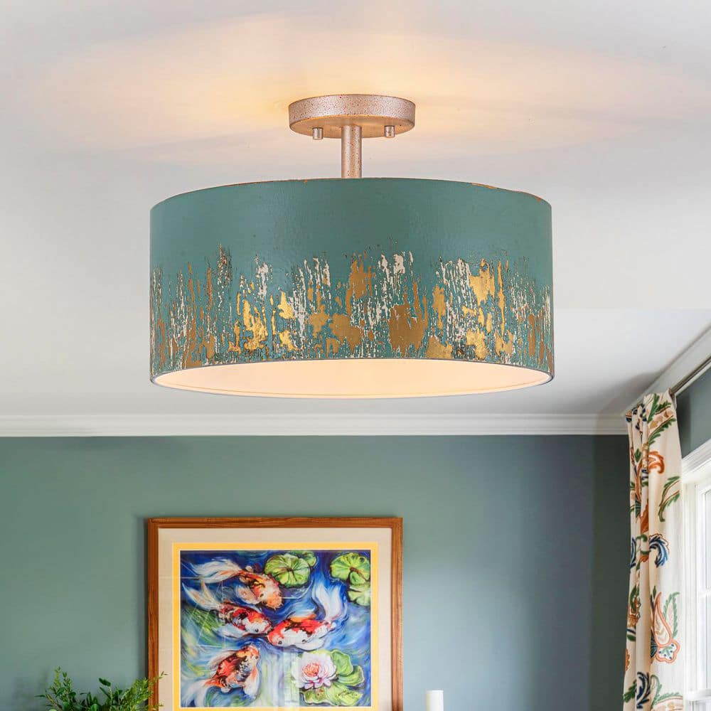 ZYZWMB 15 in. 3-Light Antique Green Drum Semi-Flush Mount Ceiling
