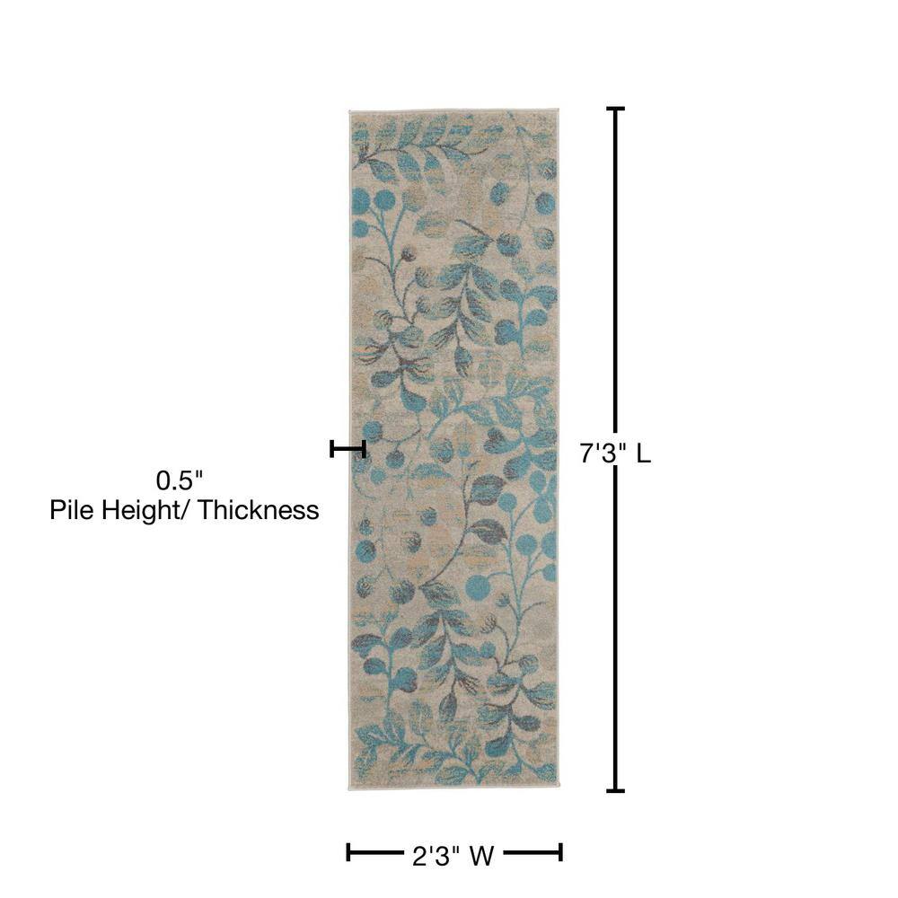 Elysian Ivory & Turquoise Floral Synthetic Runner Rug - 2'3" x 7'3"