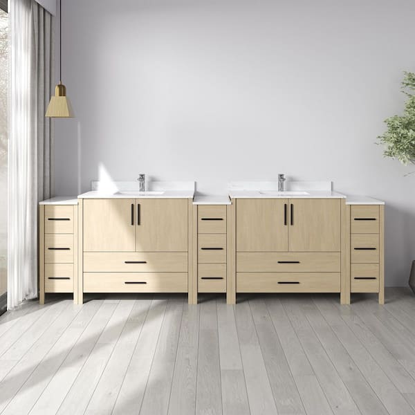 Nodus 108 in. W x 22 in. D x 34 in. H Double Sink Freestanding Bath Vanity in Oak with White Carrara Cultured Marble Top