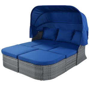 Wicker Outdoor Day Bed with Retractable Canopy, Patio Furniture Set Daybed Sunbed with Blue Cushions