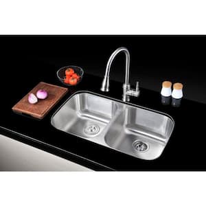 MOORE Series Undermount Stainless Steel 32 in. 0-Hole Double Bowl Kitchen Sink