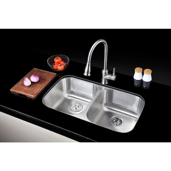 MOORE Series Undermount Stainless Steel 32 in. 0-Hole Double Bowl Kitchen Sink