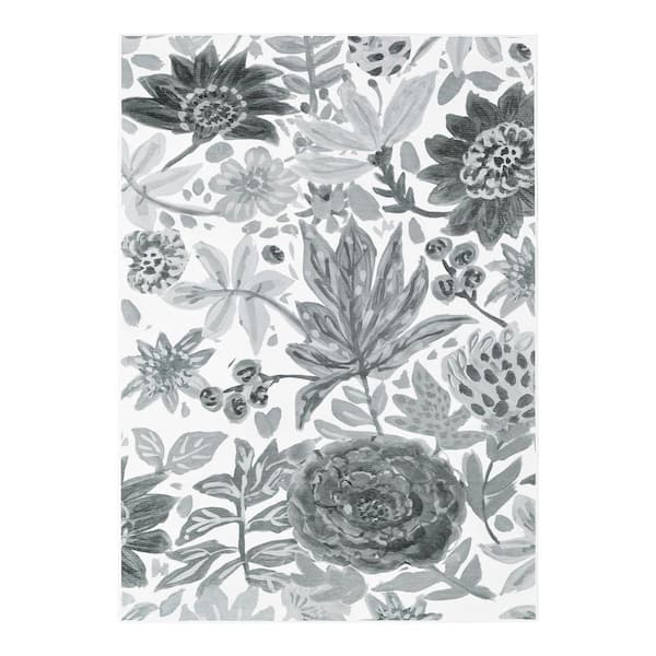Floral Bloom Grey Indoor Machine Washable 5 ft. x 7 ft. Living Room Entrance Hallway Bedroom Den Kitchen Dining Area Rug