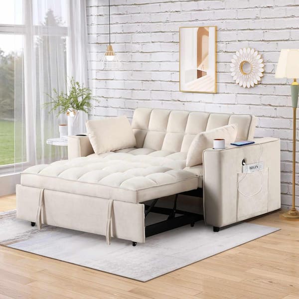 55.3 in. Square Arm Velvet Rectangle Sofa with Cup Holder and USB Port in Milk White