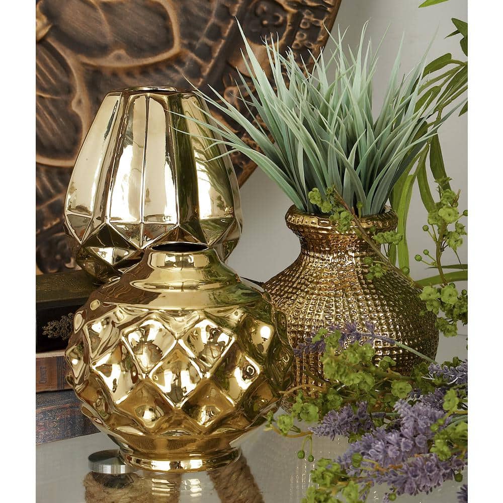 Gold Ceramic Decorative Vases with Varying Patterns, Set of 3