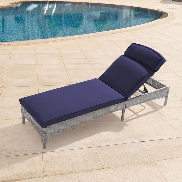 JOYESERY Wicker Outdoor Adjustable Height Chaise Recliner Chair with Navy Blue Cushions