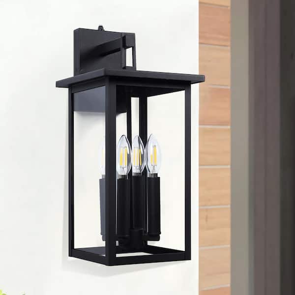 LamQee 4-Light Matte Black Outdoor Glass Wall Light Fixture with Dusk to Dawn
