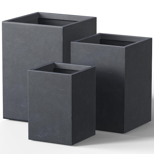 Modern 13 in. 16 in. 19in. High Large Tall Elongated Square Granite Gray Outdoor Cement Planter Plant Pots (Set of 3)