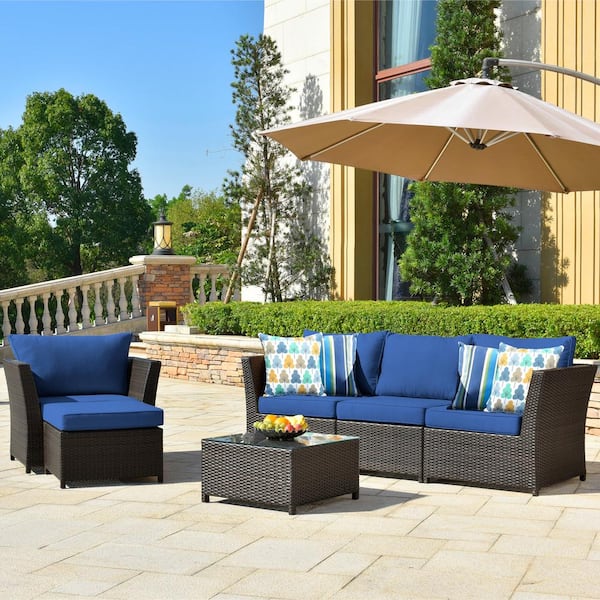 OVIOS Rimaru 6-Piece Wicker Outdoor Patio Conversation Seating Set with Navy Blue Cushions