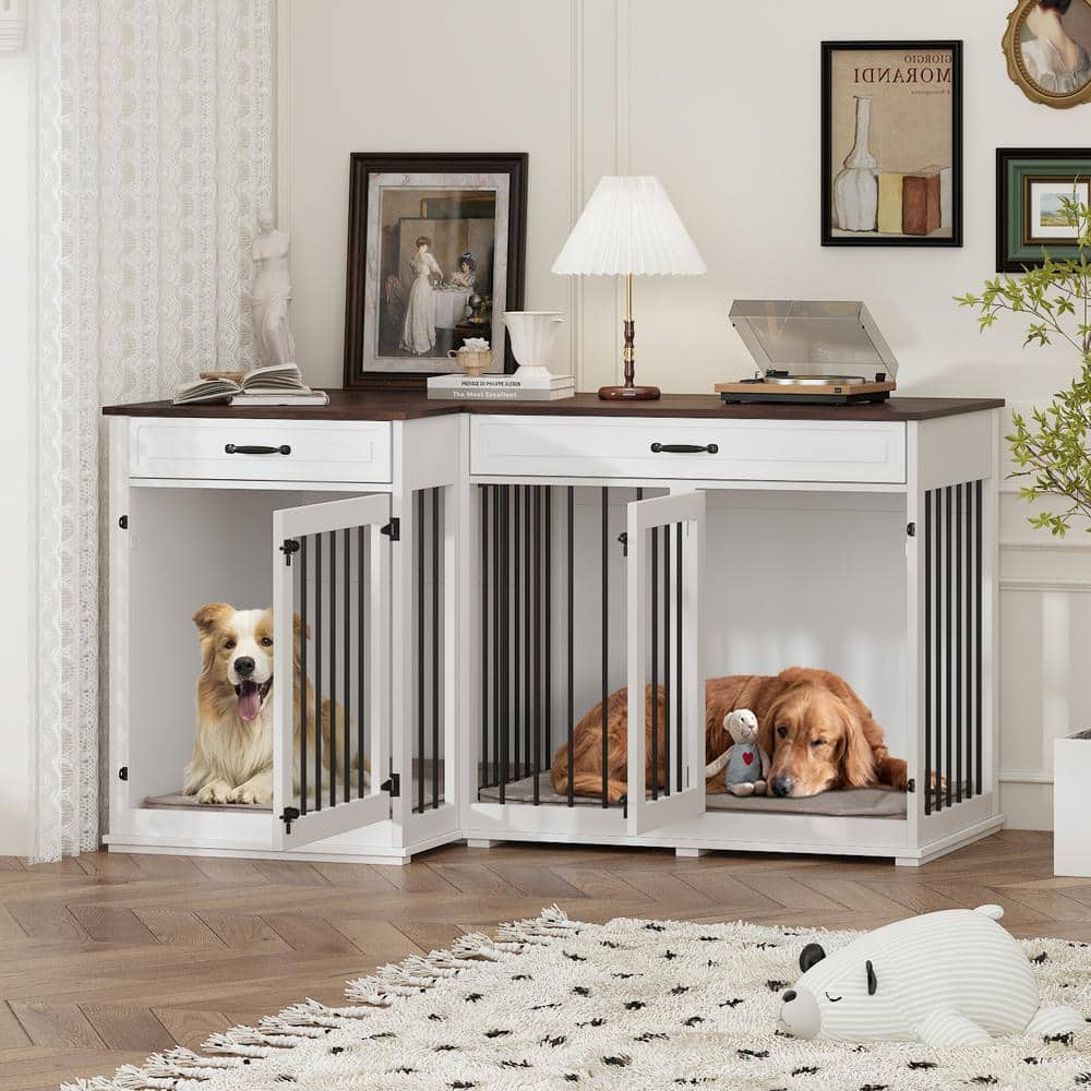 FUFU&GAGA Corner Dog Crate Furniture for 2 Dogs with Drawers, White Large Furniture Style Dog Kennel Pet Pens Cage for Medium Dogs