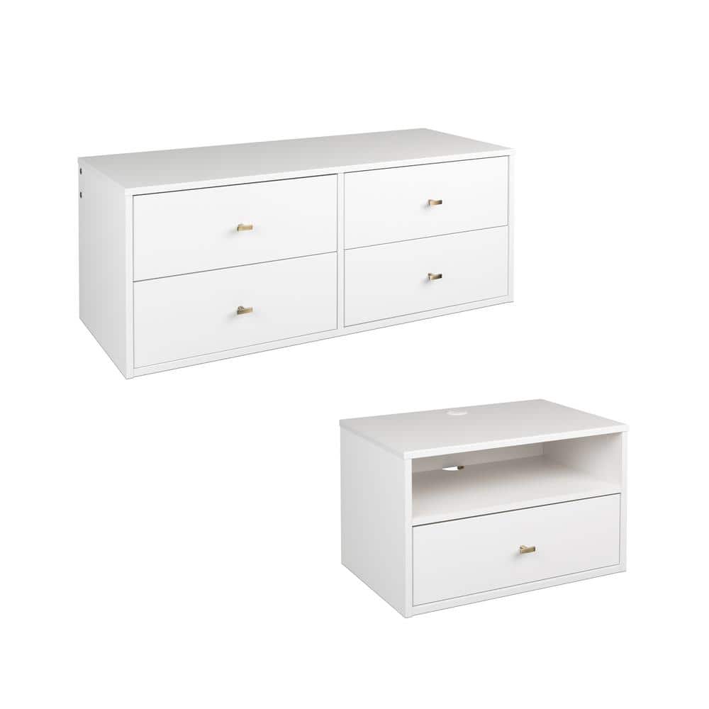 White Wall-Mounted Dresser and Nightstand Set with Brass Knobs