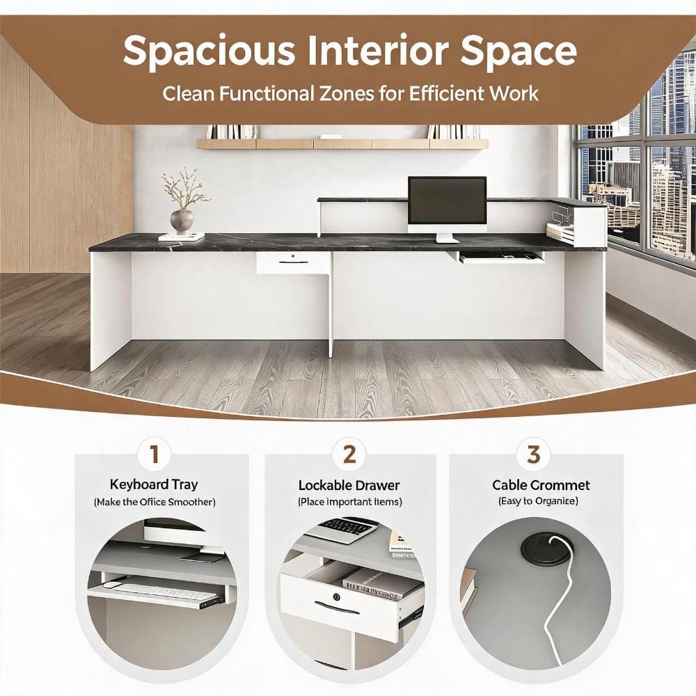 Infographic showing desk features: Keyboard Tray, Drawer, and Cable Grommet.