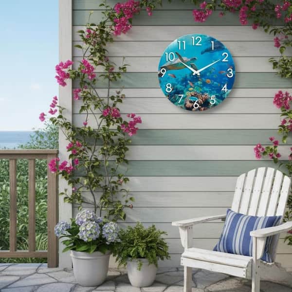 12 in Outdoor Wall Clock, Waterproof Tempered Glass, Sea Turtle