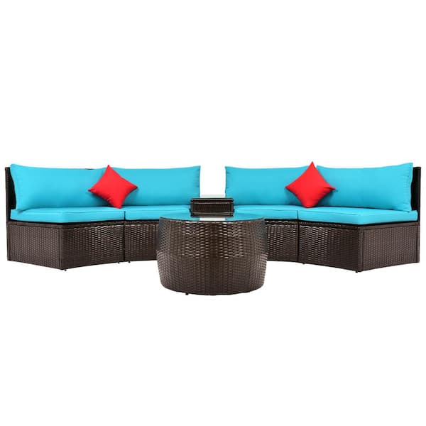 Willit Brown 4-Piece Wicker Metal Fabric Outdoor Sectional Set with Blue Cushions