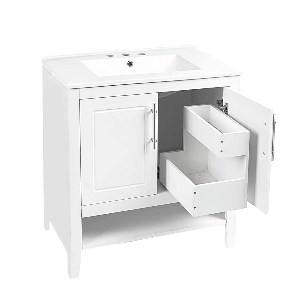 30" White Wood Freestanding Single Sink Bath Vanity with Ceramic Top