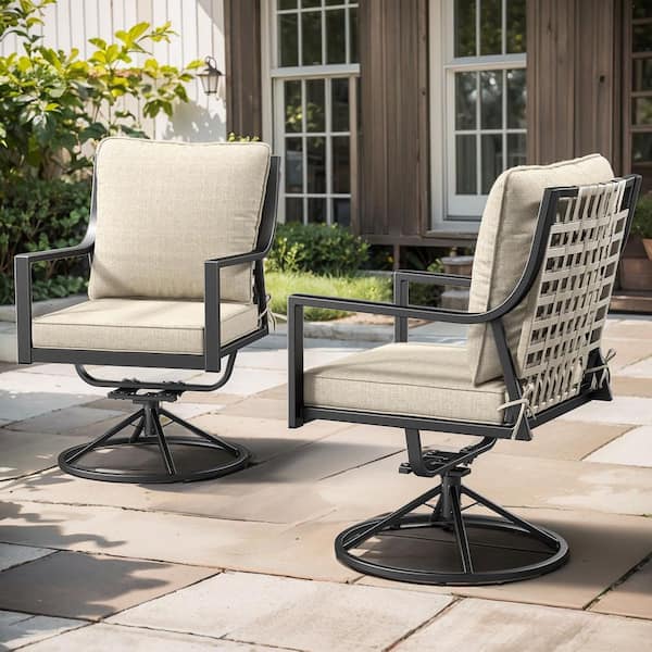 Opohoro Komodo Swivel and Rocking Black Metal Frame and Gray Wicker Outdoor Rocking Chairs with Olefin Beige Cushions (2-Pack)