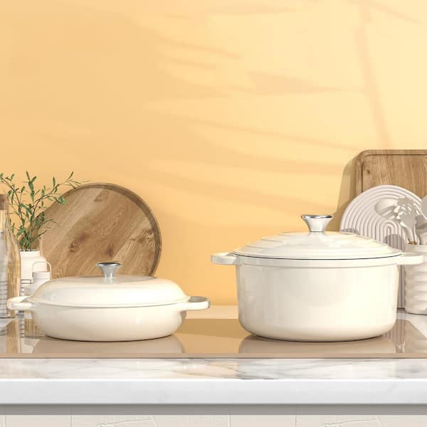 Wudkey Round Enameled Cast Iron Dutch Oven in Cream White