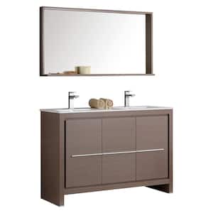 Allier 48 in. W Vanity in Gray Oak with Ceramic Vanity Top in White with Double White Basin and Mirror