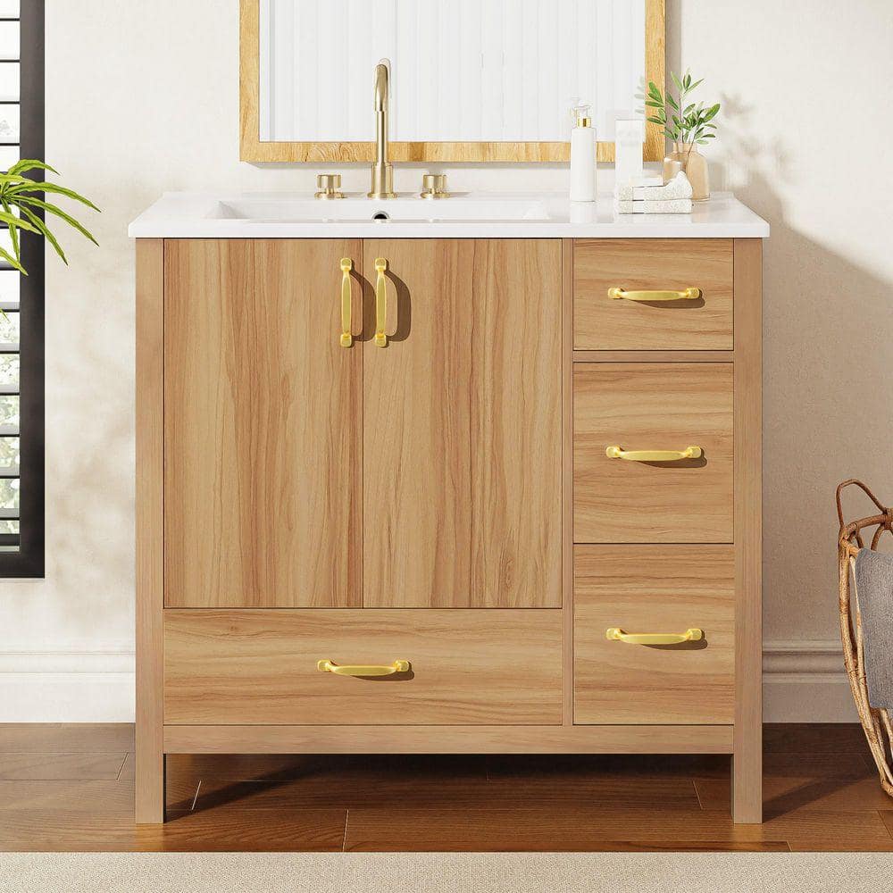 FAMYYT 36 in. Freestanding Natural Solid Wood Frame Bath Vanity