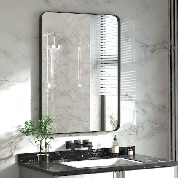 PRIMEPLUS 22 in. W x 30 in. H Medium Modern Rectangle Stainless Steel Wall Mirror Bathroom Mirror Vanity Mirror in Brushed Black