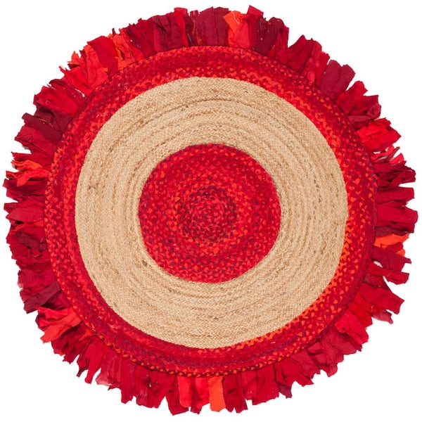 SAFAVIEH Cape Cod Red/Natural 4 ft. x 4 ft. Round Striped Area Rug
