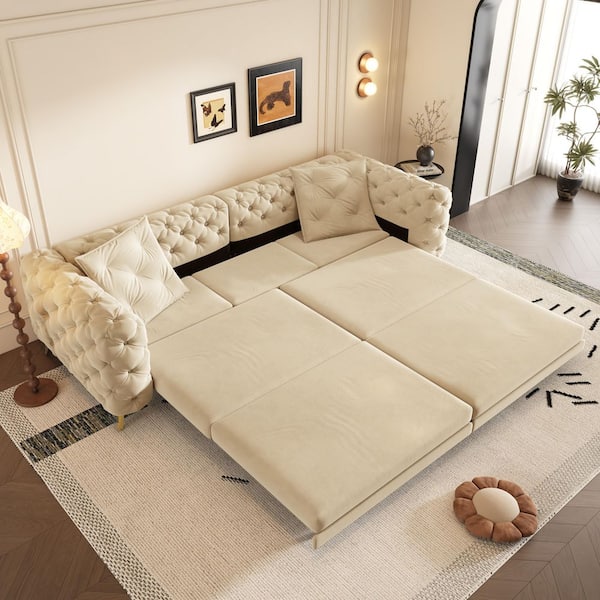 Button Tufted 3-in-1 Convertible 97.7 in Apricot Velvet King Size Pull-out Sofa Bed with 2-Pillows