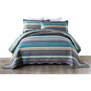 B011 Printed 3-Piece Blue/Multi Bohemian Striped Polyester Queen Quilt Set