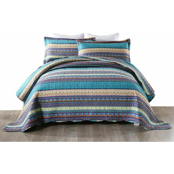 MarCielo B011 Printed 3-Piece Blue/Multi Bohemian Striped Polyester Queen Quilt Set