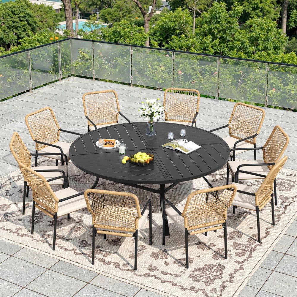11-Piece Metal Outdoor Patio Dining Set with 59.8 in. Black Round Table and 10 Woven Rattan Chairs with Beige Cushions price history on PriceWatchPro