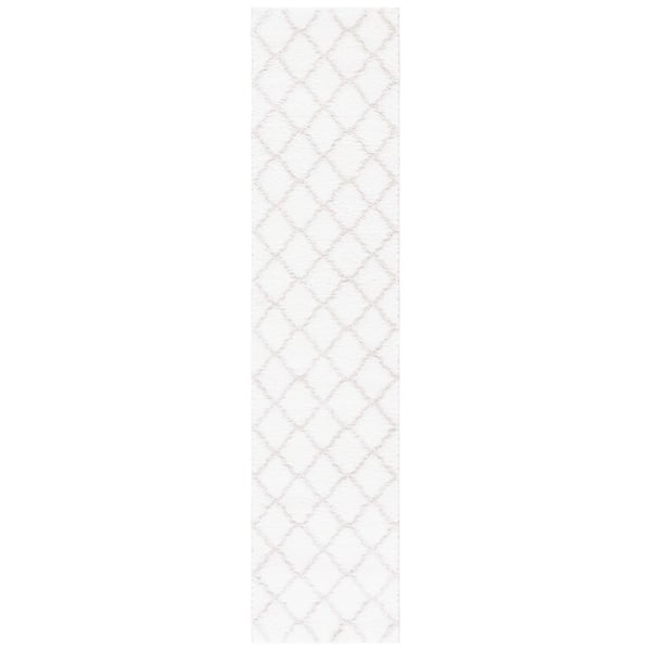 Tahoe Shag 2 ft. x 9 ft. White/Silver Trellis Diamond Runner Rug
