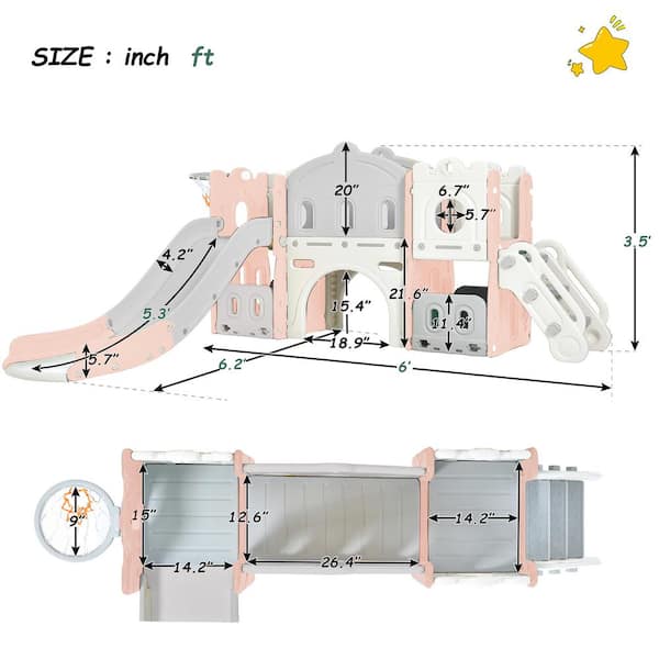 Sudzendf Pink HDPE Indoor/Outdoor Freestanding Playset with Slide and Basketball Hoop, Toy Storage Organizer