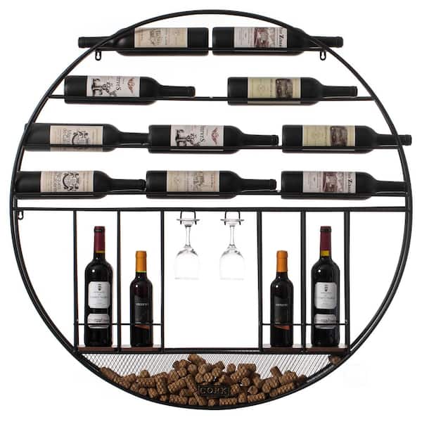 Vintiquewise Holds 14-Bottles Black Metal Round Vintage Decorative Modern Wall Mounted Wine Rack