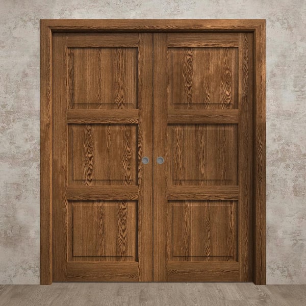 48 in. x 84 in. Cognac Oak Color Solid Wood Double Pocket Doors with Hardware