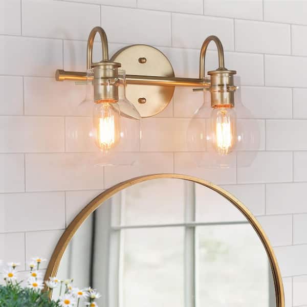 Modern Light Gold Bathroom Vanity Light 13 in. W 2-Light Powder Room Wall Light with Globe Clear Glass Shades