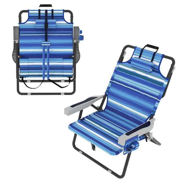 VEIKOUS Folding Portable Metal Beach Chair with Removable Pillow and 5-Position Adjustable Backrest in Blue Stripe