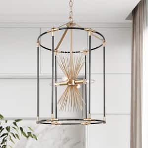 Connty Modern 4-Light Black Chandelier Light, Gold Sputnik Farmhouse Hanging Pendant Light with Metal Cage