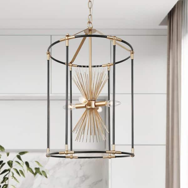 Zevni Connty Modern 4-Light Black Chandelier Light, Gold Sputnik Farmhouse Hanging Pendant Light with Metal Cage