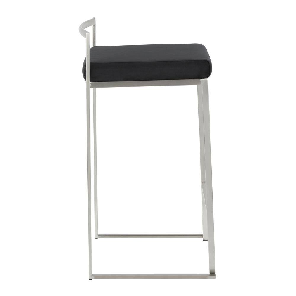 Fuji Brushed Stainless Steel Stackable Counter Stools with Black Velvet Cushion, Set of 2