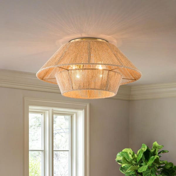 Collision 19.7 in. 4-Light Wood Color Rattan Modern Flush Mount Lighting Hallway Bedroom Ceiling Lights Fixtures