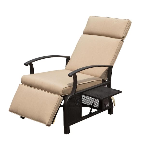 Unbranded Metal Outdoor Lounge Chair with Flip Table Push Back, Adjustable Angle Design, 6.8 in. Removable Cushions, Beige